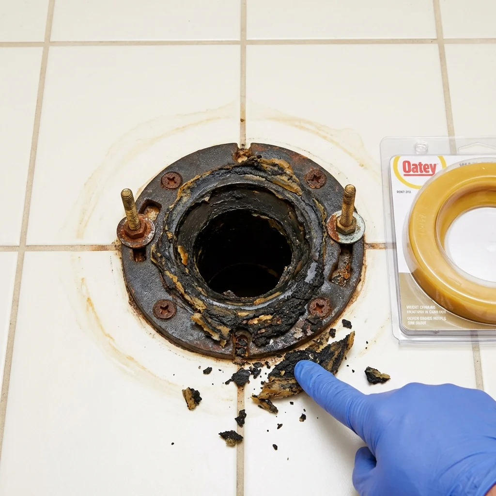 Failed wax ring showing water seepage at the base of a toilet in a Cibecue, AZ home